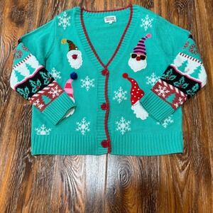 Major Major Size L Womens Teal Green Gnome Snowflake Christmas Cardigan Sweater
